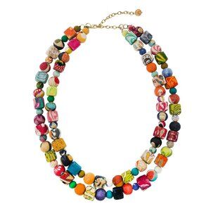 Fair Trade NWT Necklace Square Round Beads Handmade Upcycled Kantha Fabric Boho
